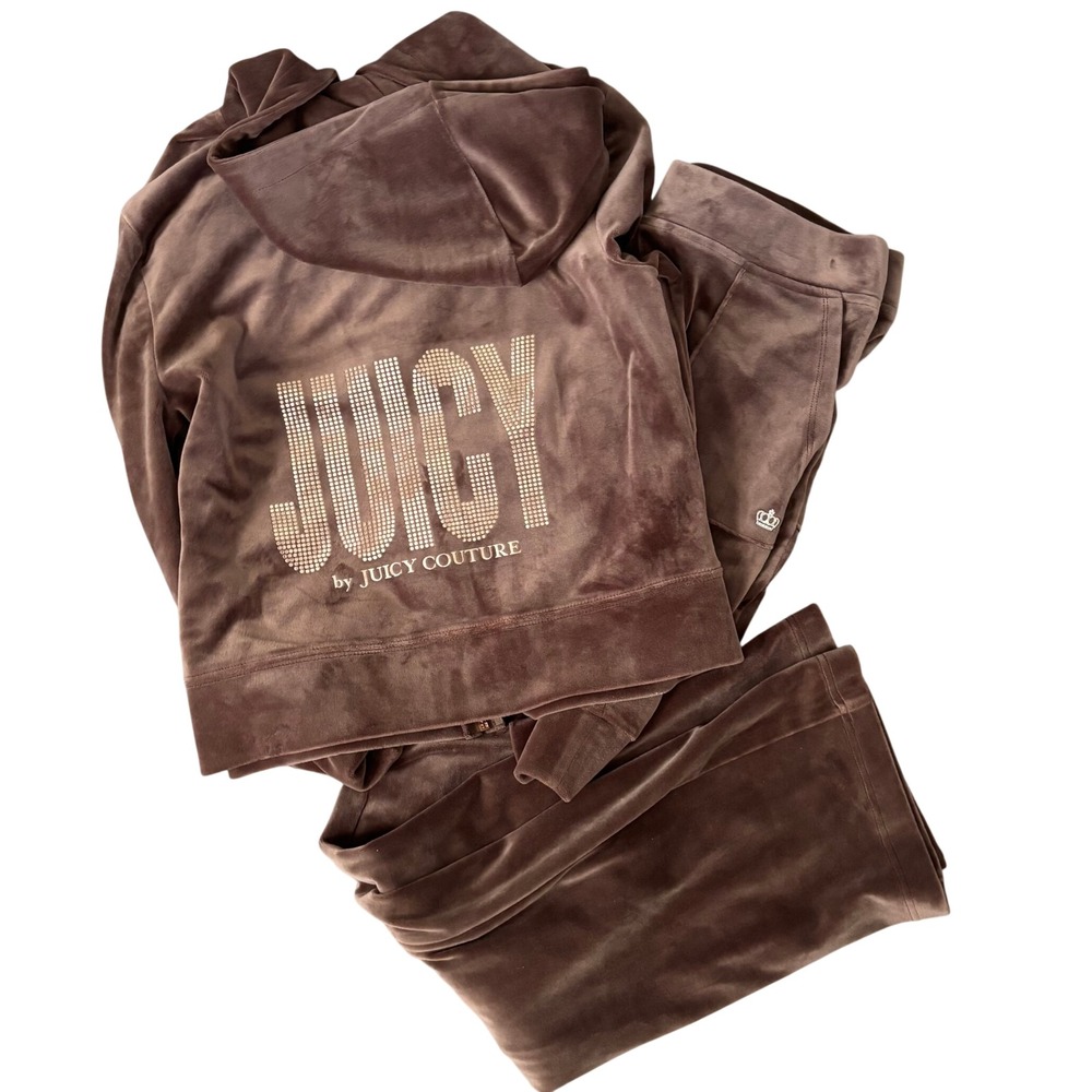 JUICY Couture Brown Velour Tracksuit Sz M y2k Sporty Bling Logo Rose Gold